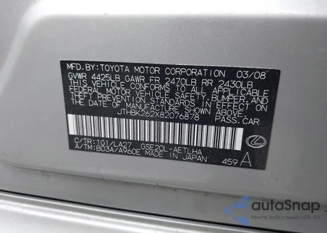 2008 Lexus Is from USA, damaged, VIN JTHBK262X82076878